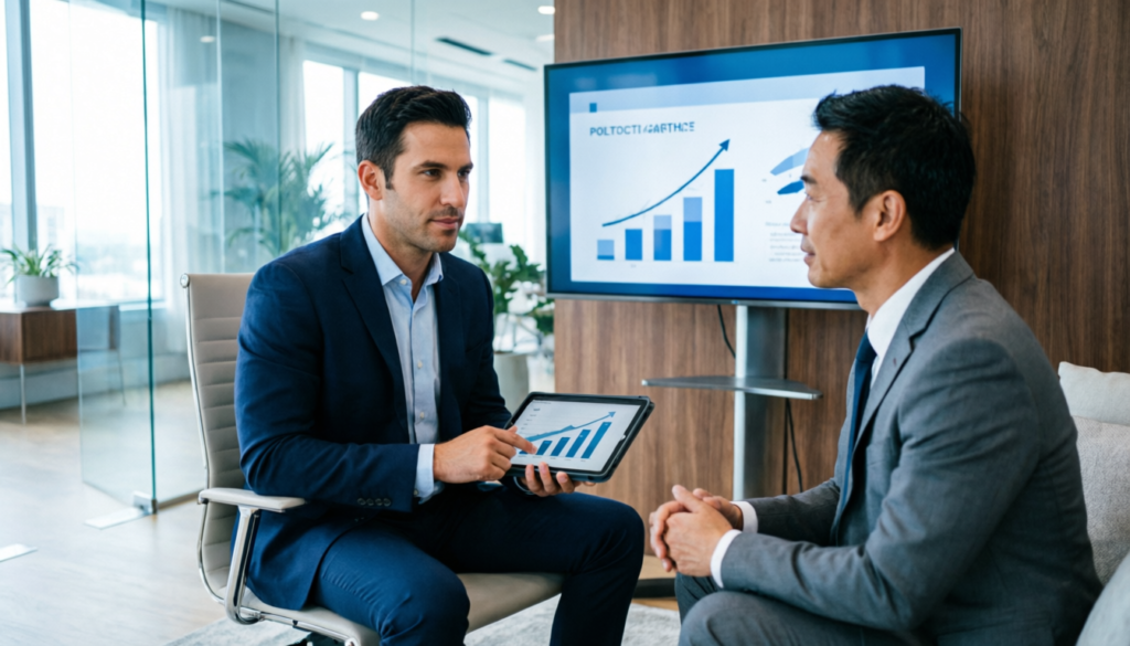Financial advisor discussing private wealth management strategy with client in modern office showing investment planning and portfolio growth