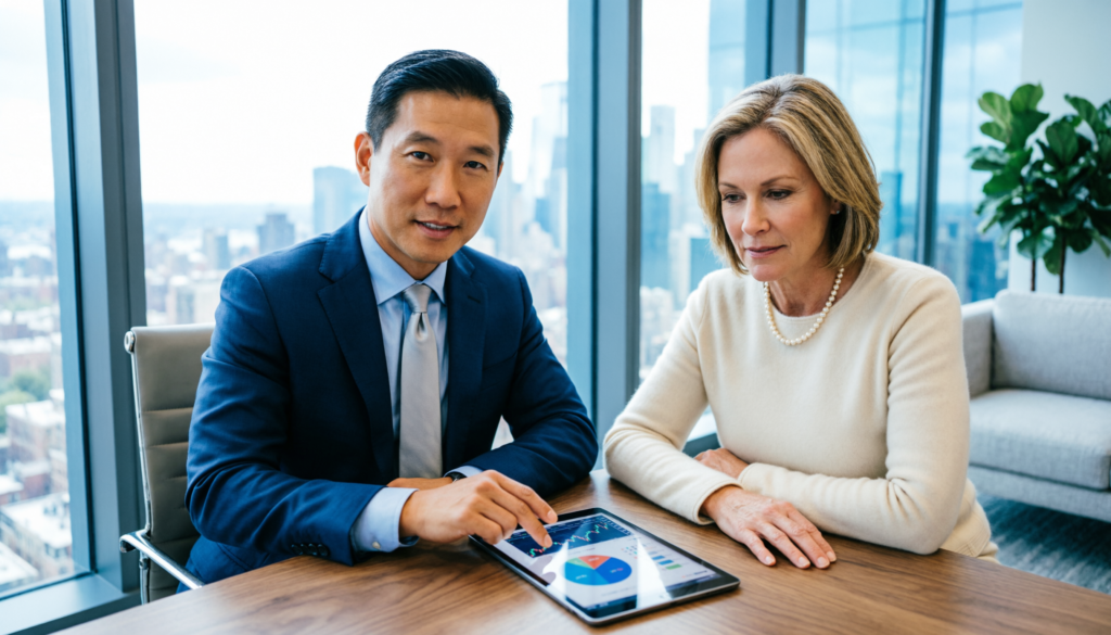 Financial advisor discussing private wealth management strategy with client in modern office showing investment planning and portfolio growth