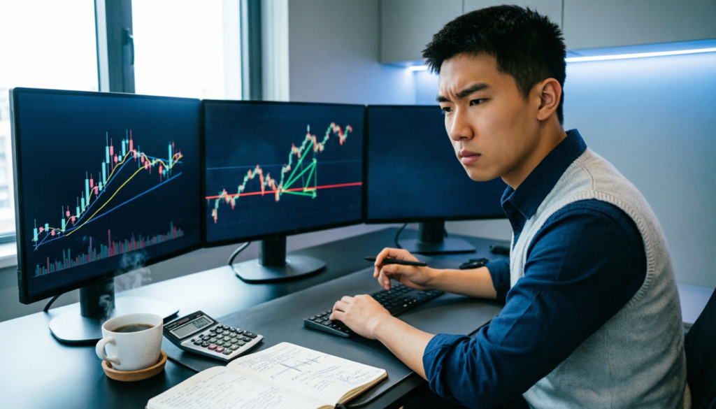 Beginner forex trader analyzing live currency charts and market trends in a professional trading setup at FinanceWealthTools.com