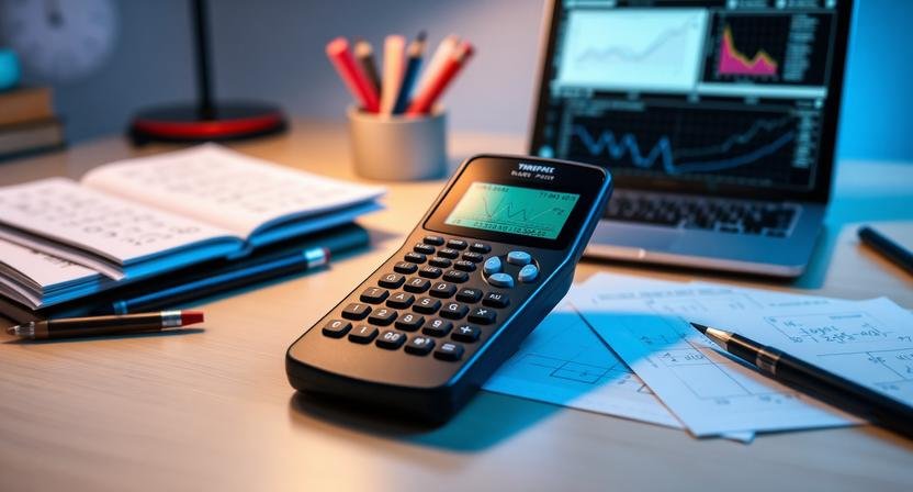 TI-84 Plus CE graphing calculator displaying mathematical graphs on screen placed on a student study desk for learning purposes