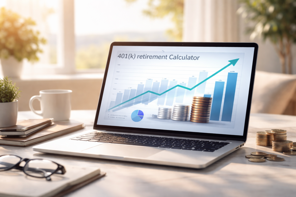 Modern home office setup showing a laptop with a 401(k) retirement calculator dashboard, financial growth charts, and stacked coins representing long-term investment planning.