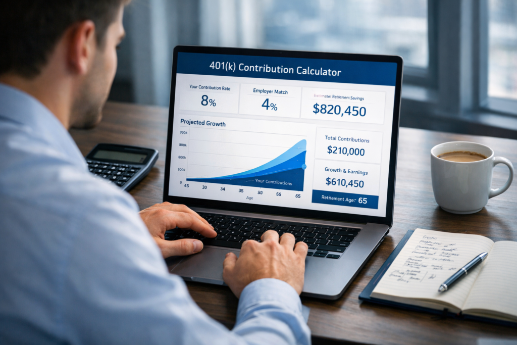 Professional financial dashboard showing a 401k contribution calculator with retirement savings growth charts and investment planning tools on a modern laptop screen.