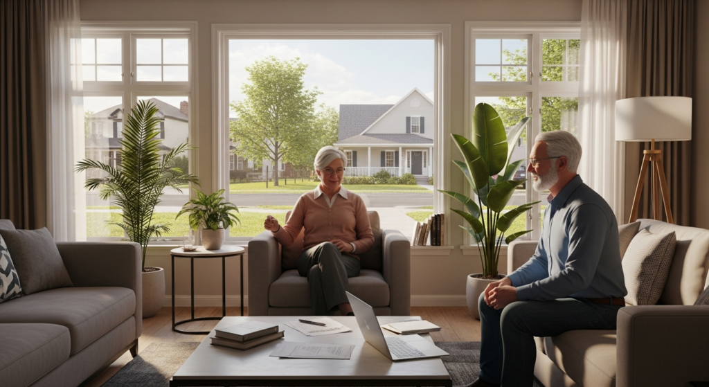 Affordable retirement living room in America featuring a happy senior couple enjoying a comfortable budget-friendly retirement lifestyle in 2026