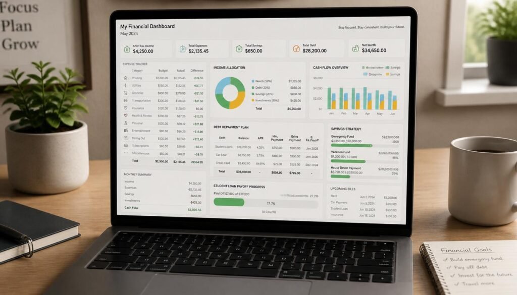 Detailed budgeting breakdown showing salary allocation, savings plan, and student loan repayment strategy