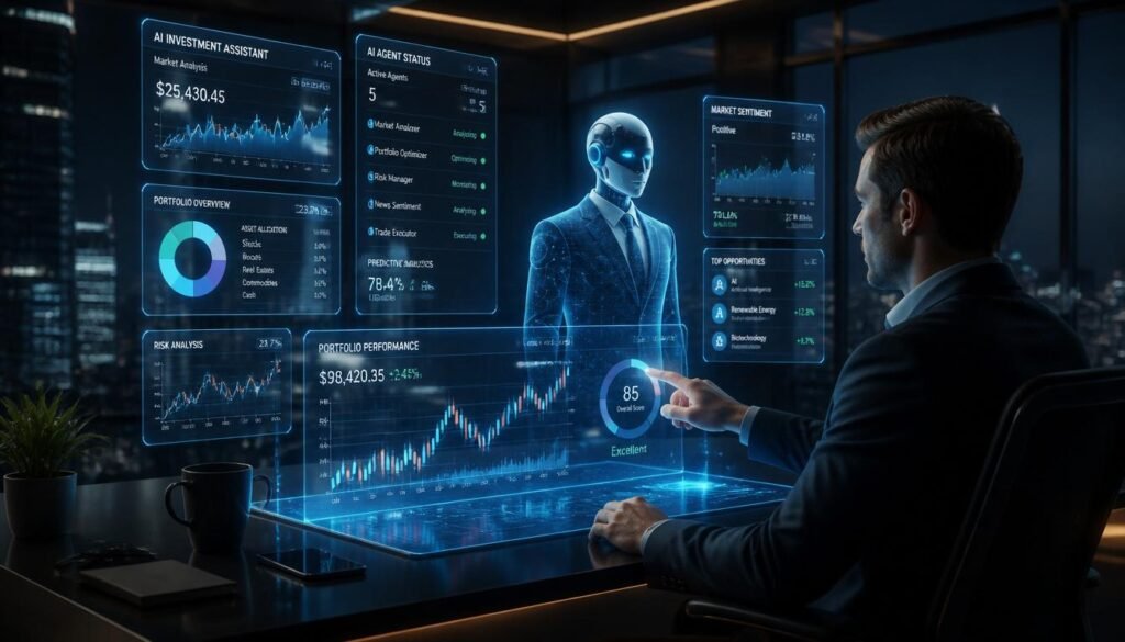 AI investing agents automating stock research and portfolio management using futuristic financial dashboards