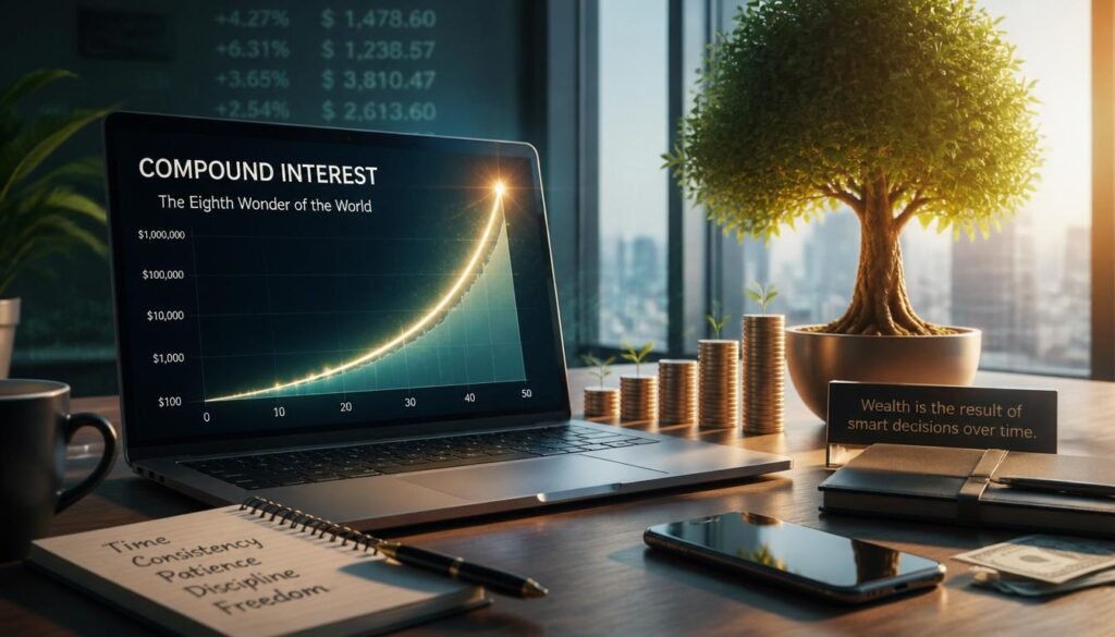 A conceptual digital illustration of a growing green plant sprouting from a stack of gold coins, symbolizing The Power of Compound Interest: How to Build Lasting Wealth Faster.