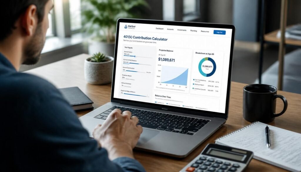 Professional financial dashboard showing a 401k contribution calculator with retirement savings growth charts and investment planning tools on a modern laptop screen.