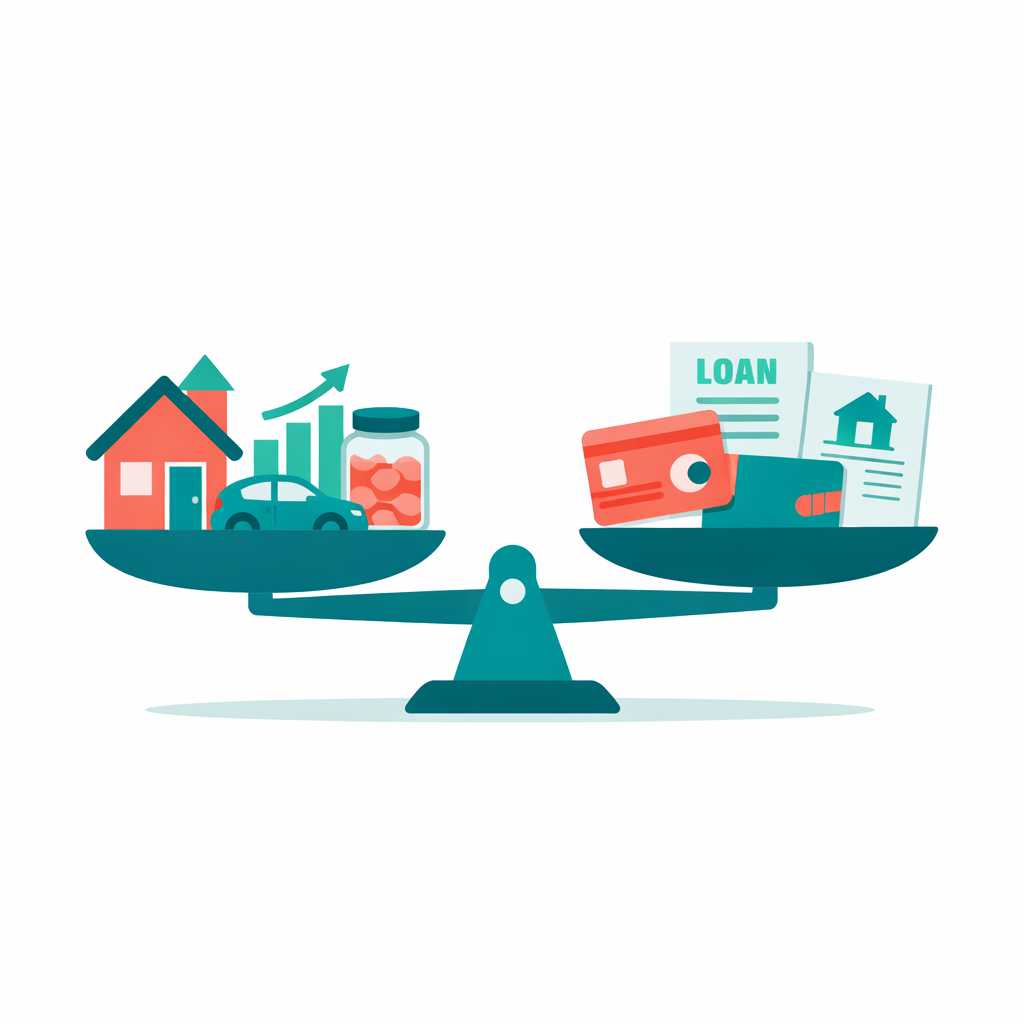 Flat-design illustration of a balance scale showing financial assets on the left pan (house, rising stock chart, savings jar, car) outweighing liabilities on the right pan (credit card, loan document, mortgage paper), symbolizing net worth in a clean teal and coral color scheme.