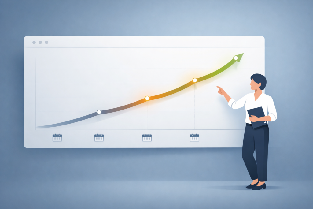 Minimal flat-style financial growth illustration showing a modern professional pointing at a steadily rising upward line graph on a digital dashboard. Calendar icons mark long-term progress along the timeline, while the background features a soft blue-grey gradient with green and amber highlights emphasizing growth and financial success.