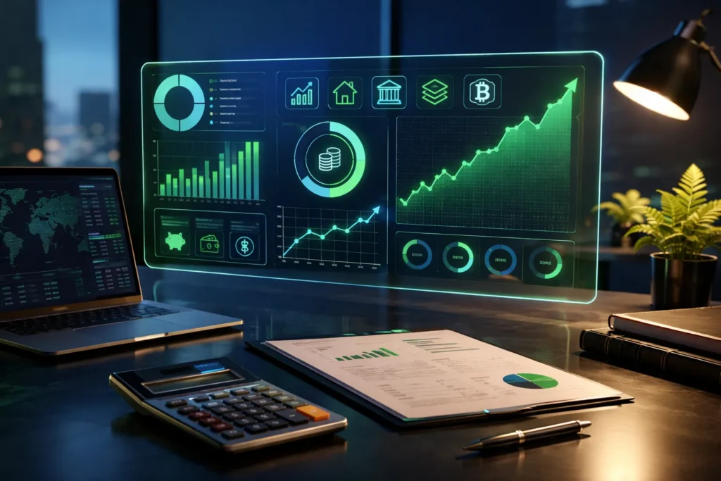 Ultra-realistic financial dashboard showing net worth calculation with assets vs liabilities and growth chart on modern workspace.