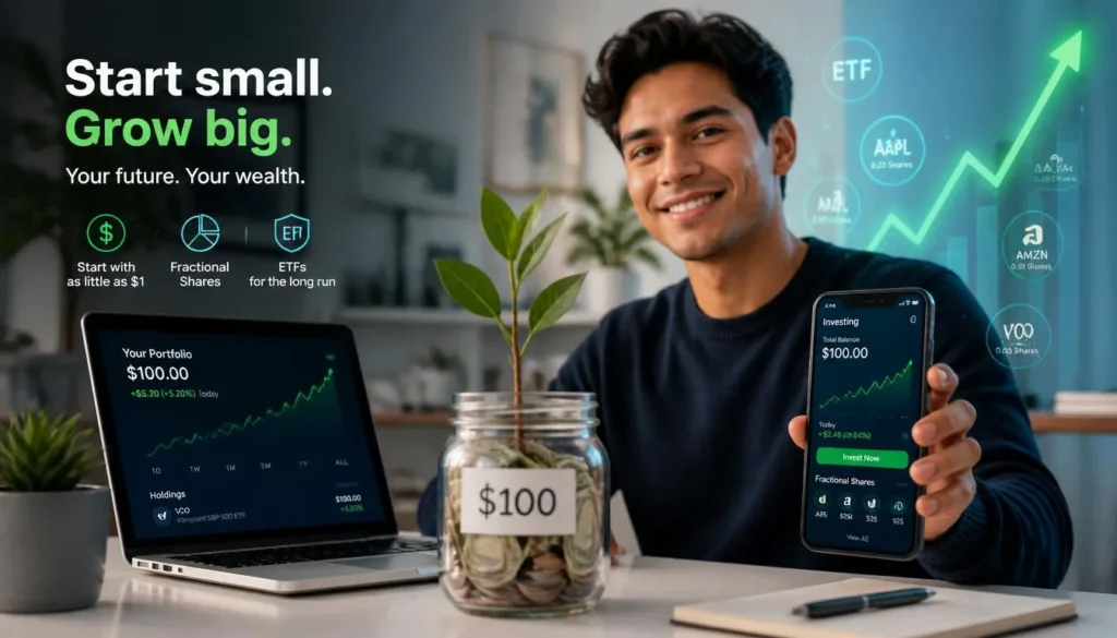 Young professional starting investment journey with $100, using laptop and smartphone to access fractional shares and ETF investing platforms, symbolizing accessible wealth building for beginners in 2026