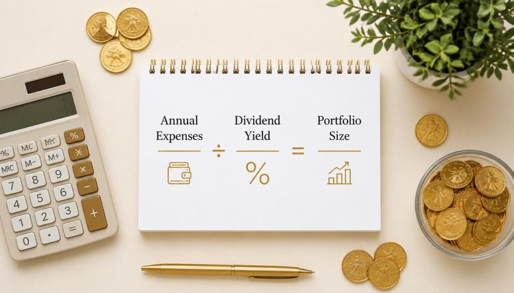 Notebook showing dividend income formula — annual expenses divided
by dividend yield equals required portfolio size