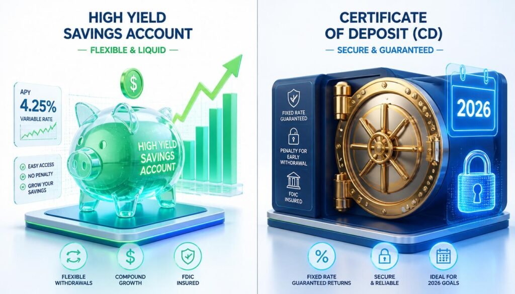 Split-screen 3D illustration comparing a flexible high yield savings account and a secure certificate of deposit vault for 2026 financial planning.