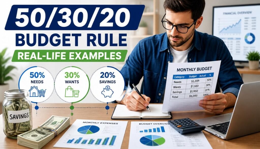 Person managing monthly budget on laptop showing 50% needs, 30% wants, and 20% savings breakdown with financial charts, calculator, and savings jar