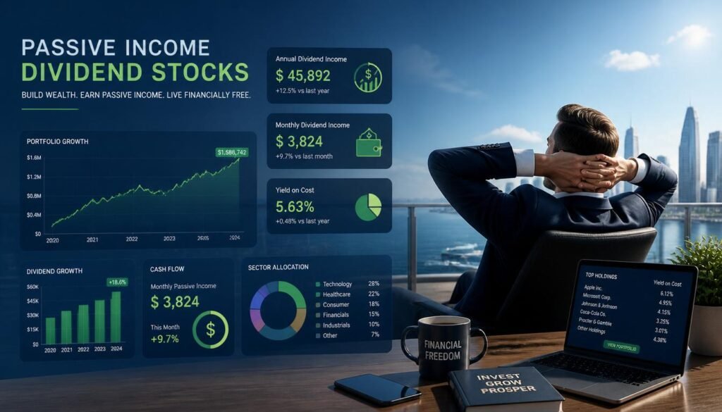 Financial dashboard illustrating dividend investing concept with rising stock market charts, portfolio growth graphs, and cash flow indicators representing passive income and financial independence through dividend stocks.
