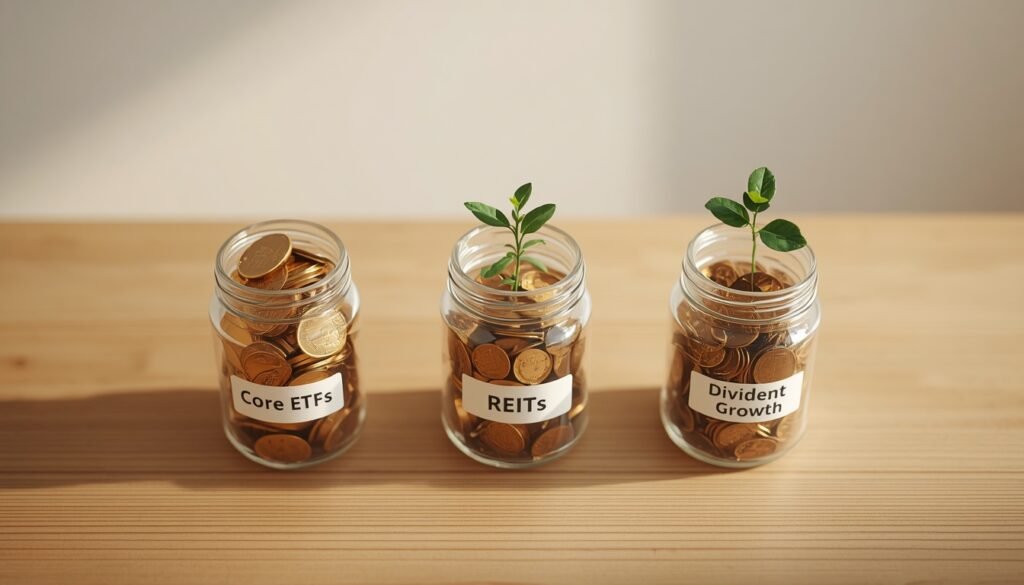 Three-bucket dividend portfolio strategy showing core ETFs,
REITs, and dividend growth stock allocation in retirement planning