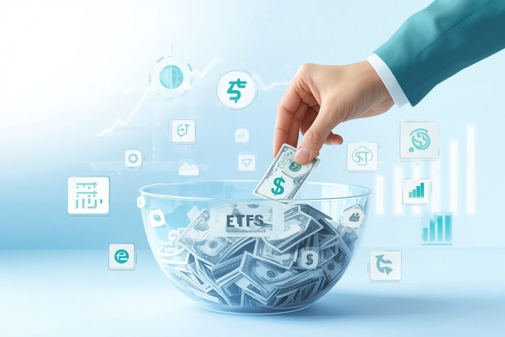 Creative illustration of ETF investing showing a transparent basket of diversified stocks and bonds with fractional dollar investment concept in a modern fintech style