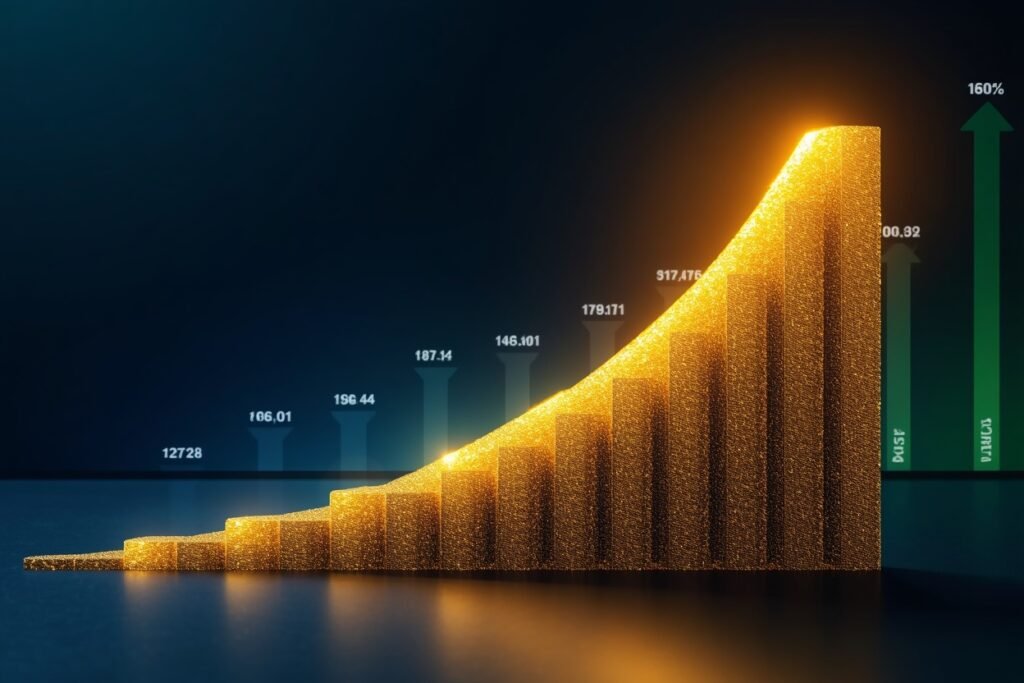 Visual representation of compound growth showing an upward spiral financial graph transforming into a golden snowball symbolizing long-term investment growth and compounding interest over time.