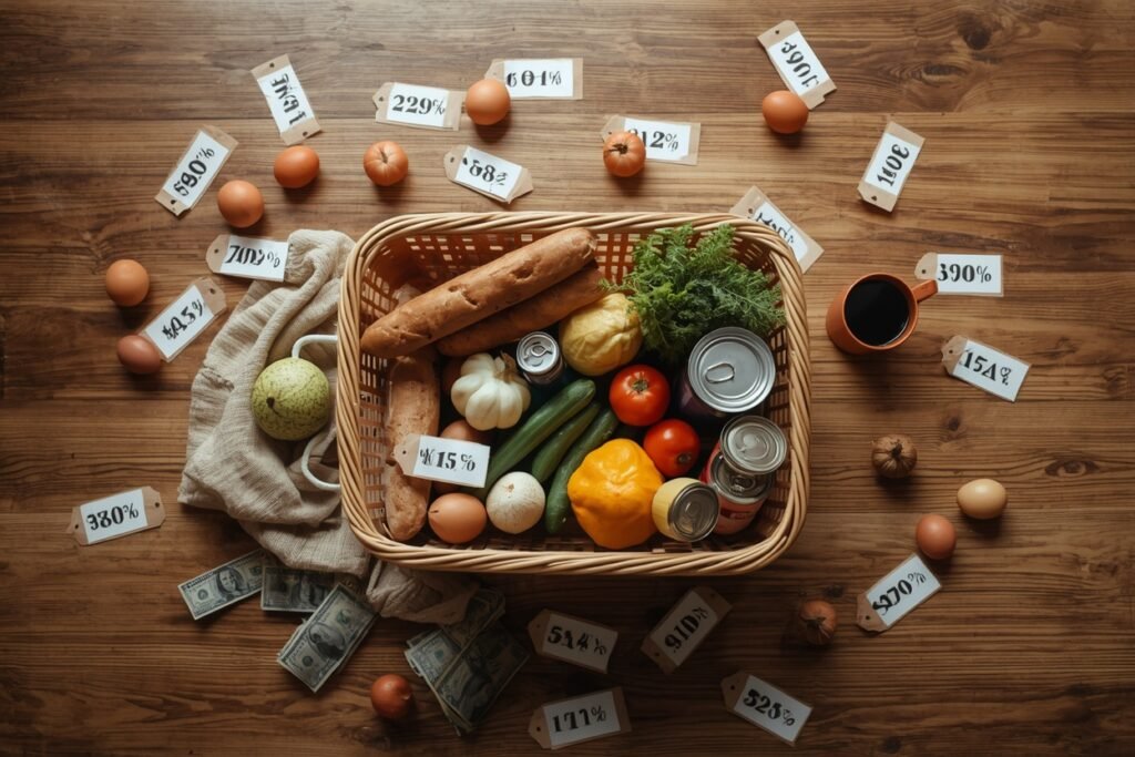 Grocery basket with everyday items and price tags showing rising food costs from tariffs in 2026