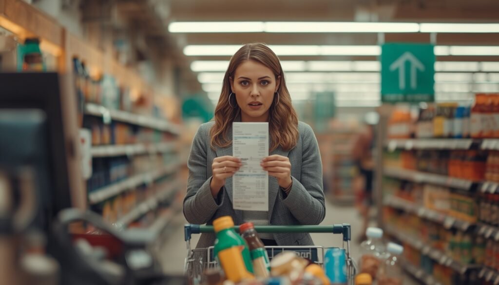 Woman shocked at grocery store receipt showing higher prices due to tariffs raising cost of living in 2026