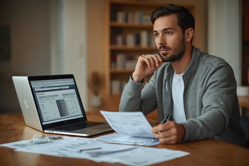 Person reviewing household budget on laptop surrounded by bills to manage rising costs from tariffs