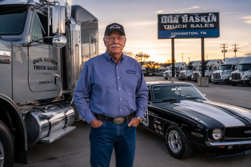 A realistic depiction of Don Baskin standing between a commercial semi-truck and a vintage muscle car, symbolizing the two main sources of his wealth—dealership and car collection—while his true net worth remains unverified.