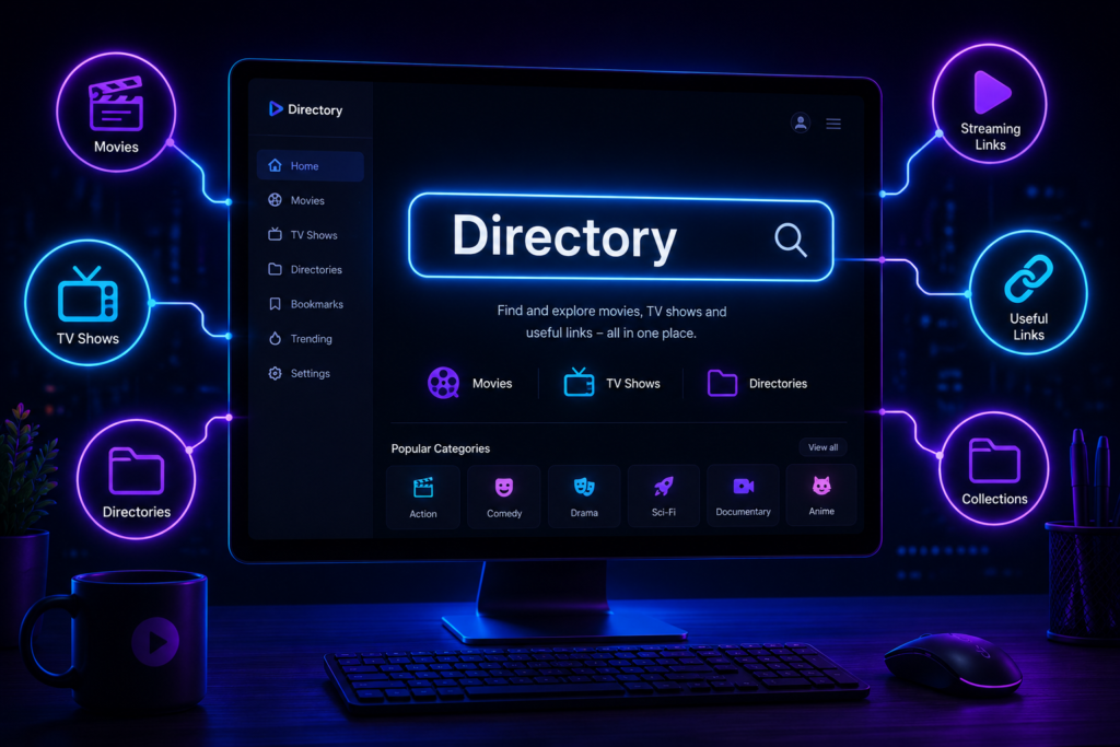 A digital illustration representing an online media directory and link aggregation website.
