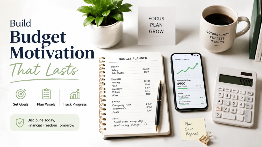 A budget planner with calculator and savings progress chart showing how to build budget motivation and financial discipline