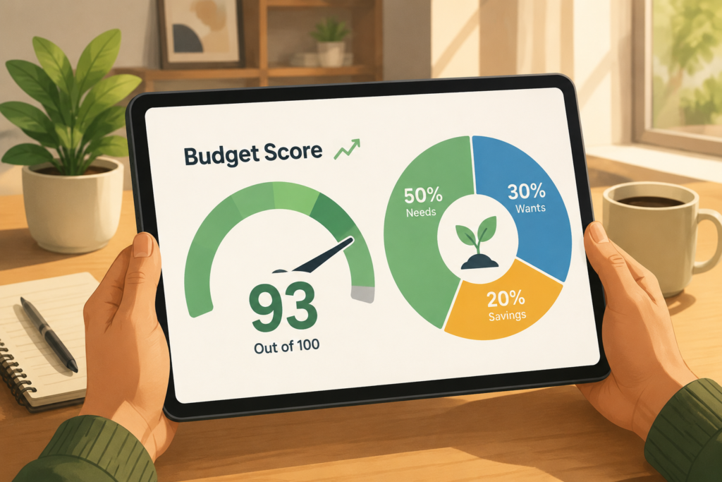 A person holds a tablet showing a budget score dashboard with a speedometer‑style gauge reading 93 out of 100 and a 50/30/20 pie chart for needs, wants, and savings.