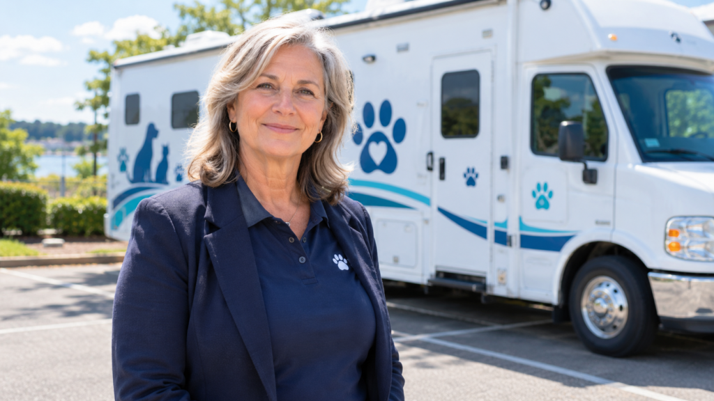 Donna Sicuranza, Executive Director of TEAM, standing in front of the mobile feline spay and neuter clinic in Connecticut.