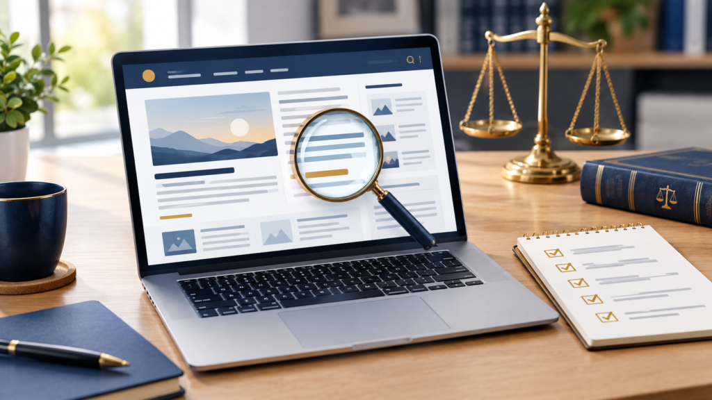 Laptop with a magnifying glass and checklist, illustrating how to evaluate cnlawblog legal articles