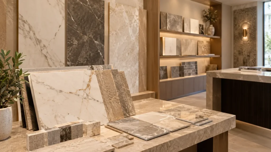 Boutique tile and stone showroom display, similar to Debby Clarke Belichick's Wellesley, Massachusetts business