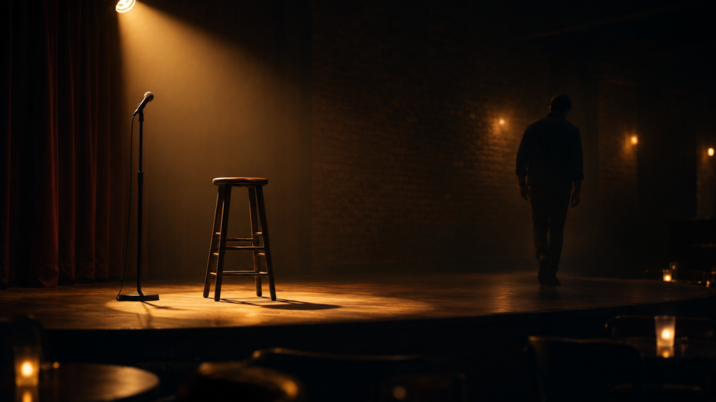 Silhouette walking away from a comedy stage spotlight, representing Yuko Kubota's private life away from the public eye