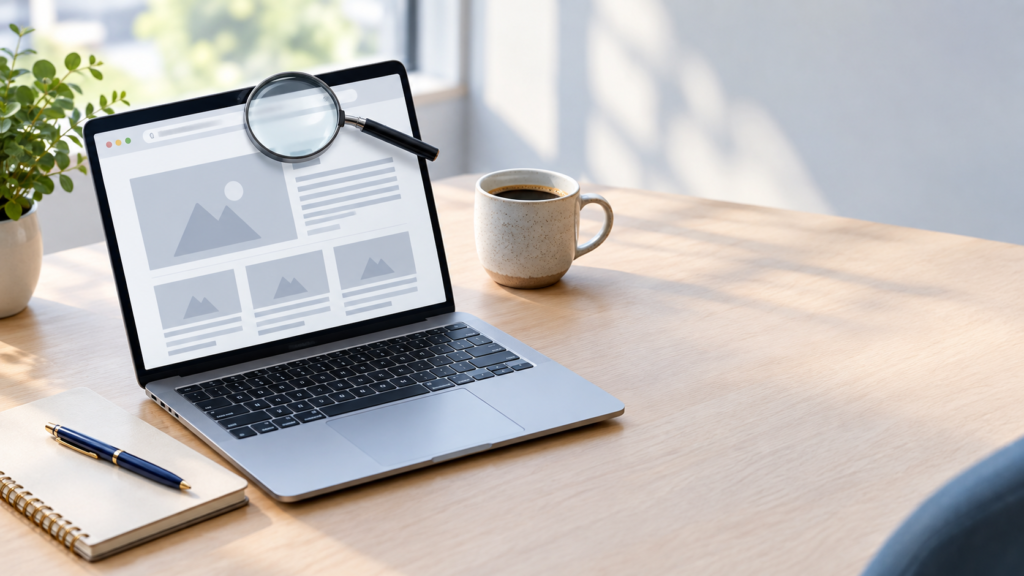 Laptop on a desk showing a blank magazine-style website layout with a magnifying glass over the browser address bar