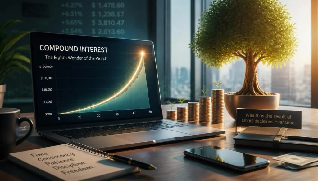 A conceptual digital illustration of a growing green plant sprouting from a stack of gold coins, symbolizing The Power of Compound Interest: How to Build Lasting Wealth Faster.