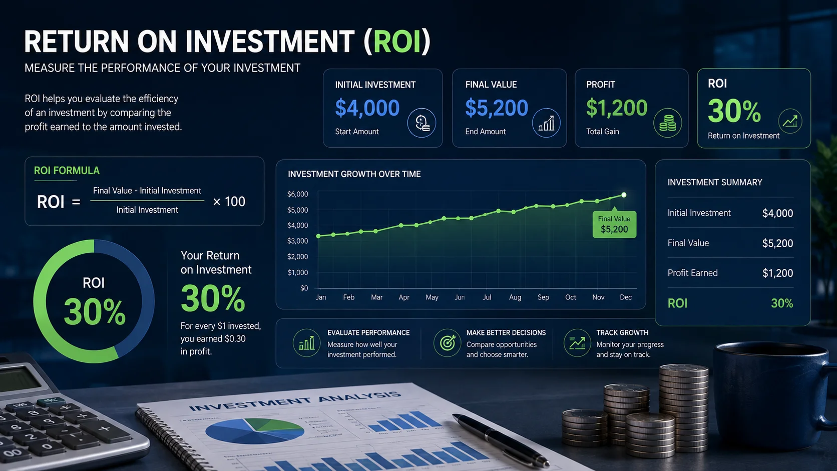 ROI calculation showing $4,000 investment, $1,200 profit, and 30% return on investment